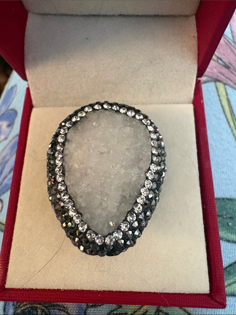 Clear Druzy Teardrop Ring with Marcasite and Clear Crystal Accents in Sterling